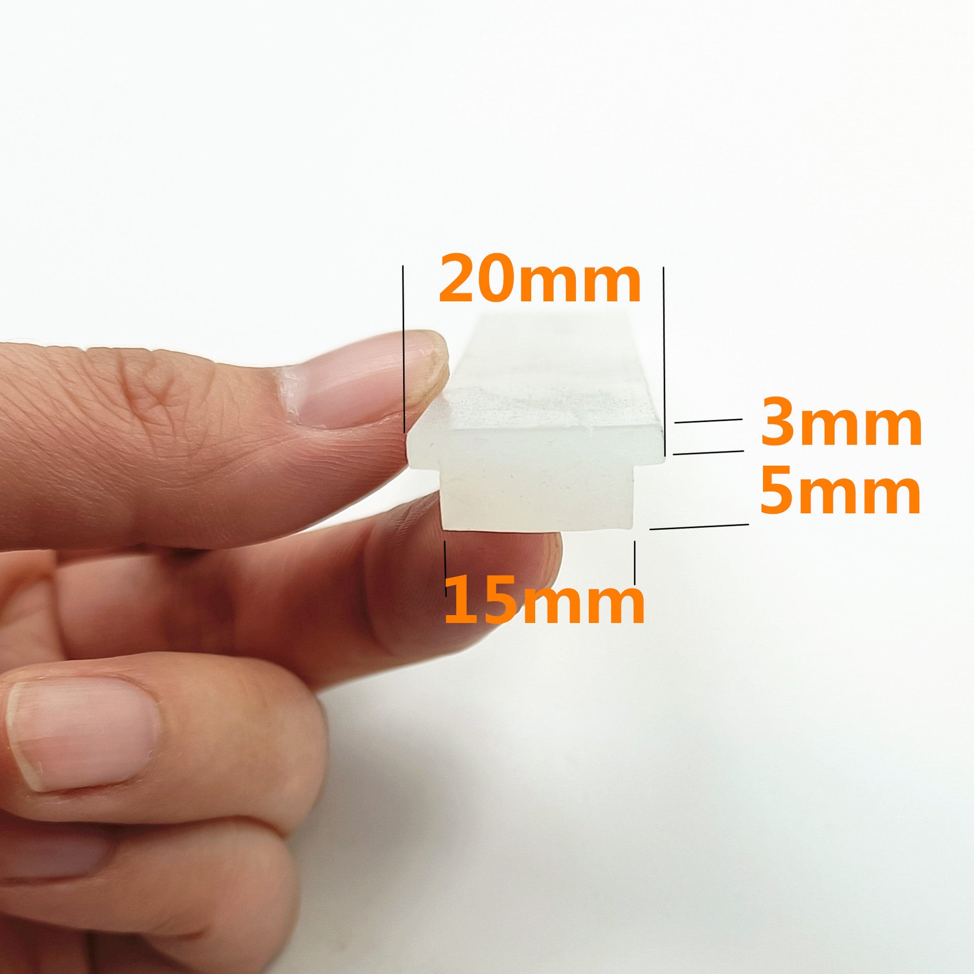 Step 3: Silicone strip dimensions example - top 20mm, base 15mm, rib 3mm, total height 5mm