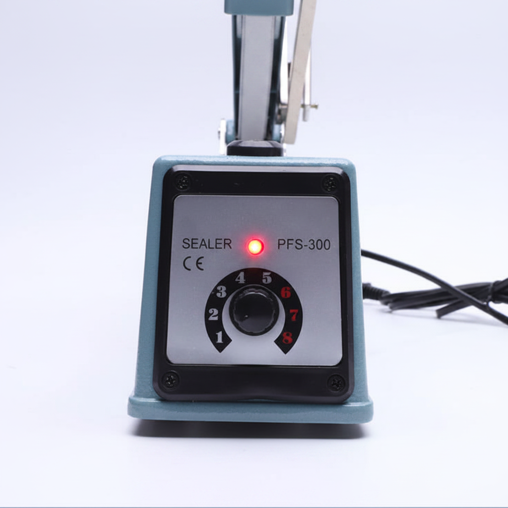 PFS-300 impulse bag sealer control panel - 8-level temperature dial red indicator white background