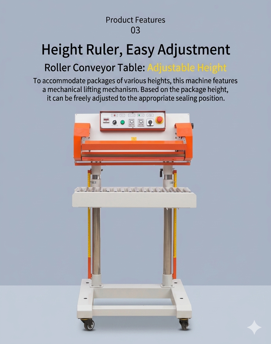 QLF-700A Feature 03 - Height Ruler Easy Adjustment: Roller conveyor table with mechanical lifting mechanism for adjustable sealing height