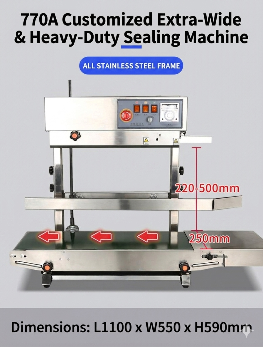 770A 定制加宽重型持续封口机 - 全不锈钢机架，输送带宽250mm，适配袋高220-500mm