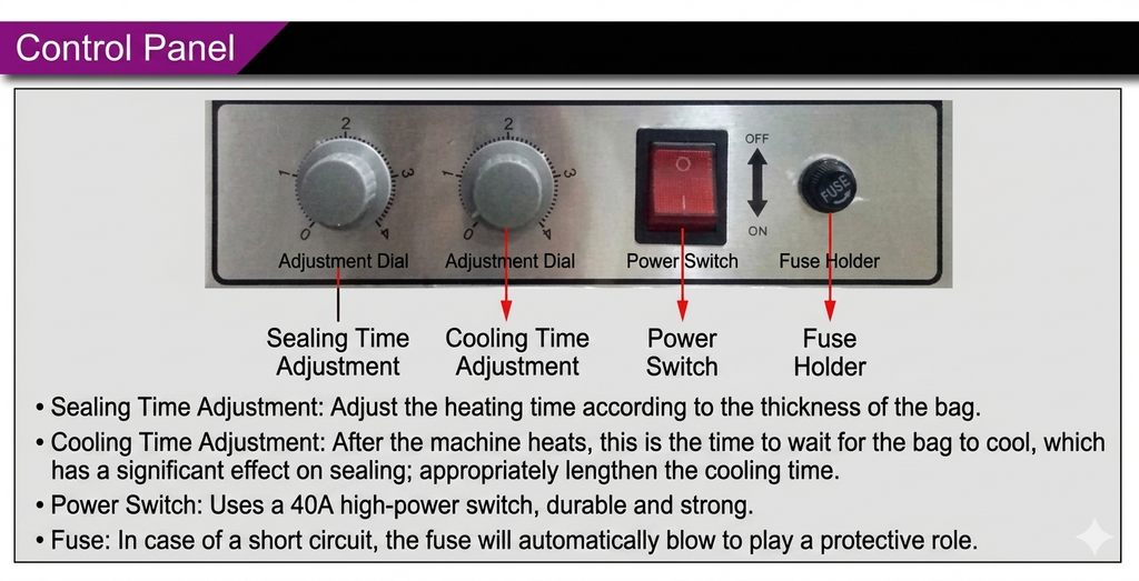 Control Panel - Sealing Time, Cooling Time, Power Switch, Fuse Holder