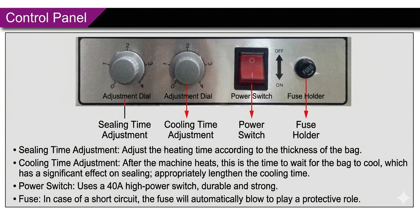 Control Panel - Sealing Time, Cooling Time, Power Switch, Fuse Holder