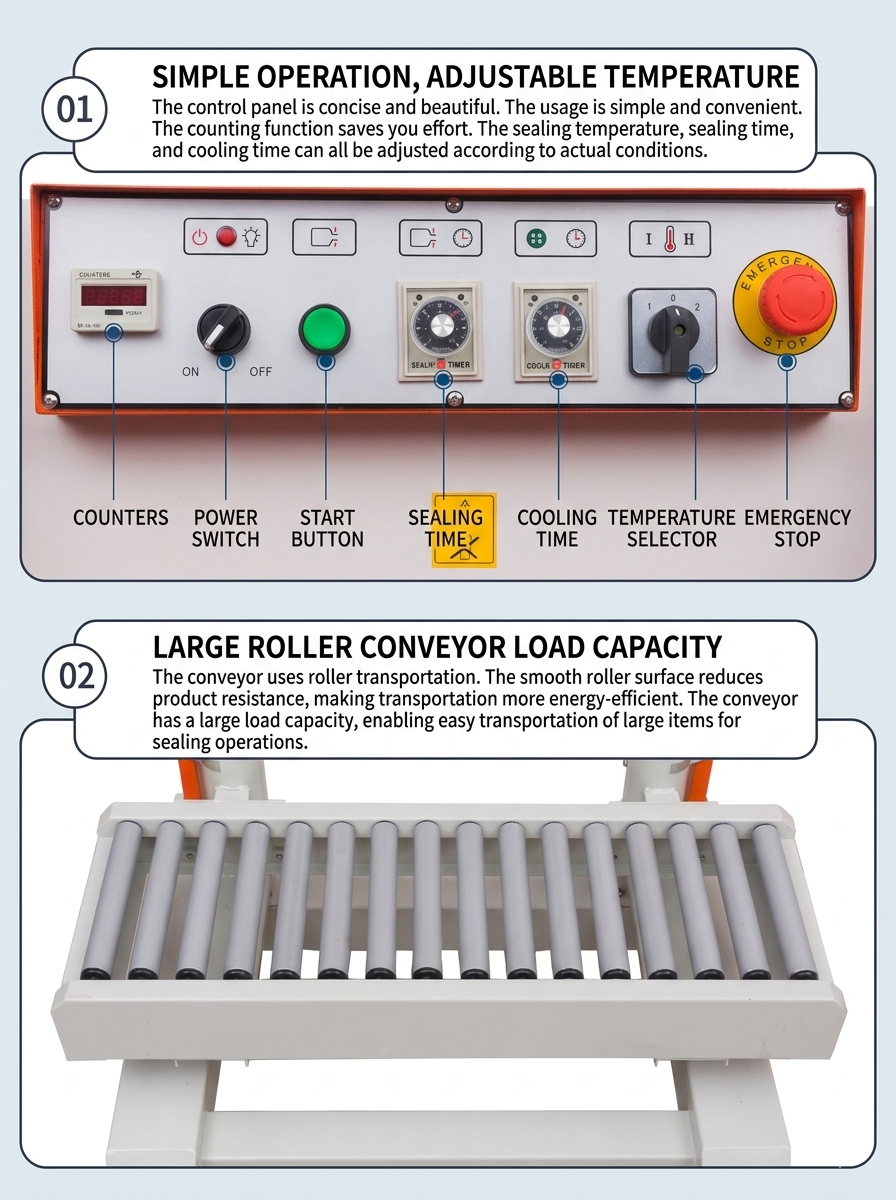 QLF-700A control panel showing counters, power switch, start button, sealing time, cooling time, temperature selector and emergency stop; plus large roller conveyor