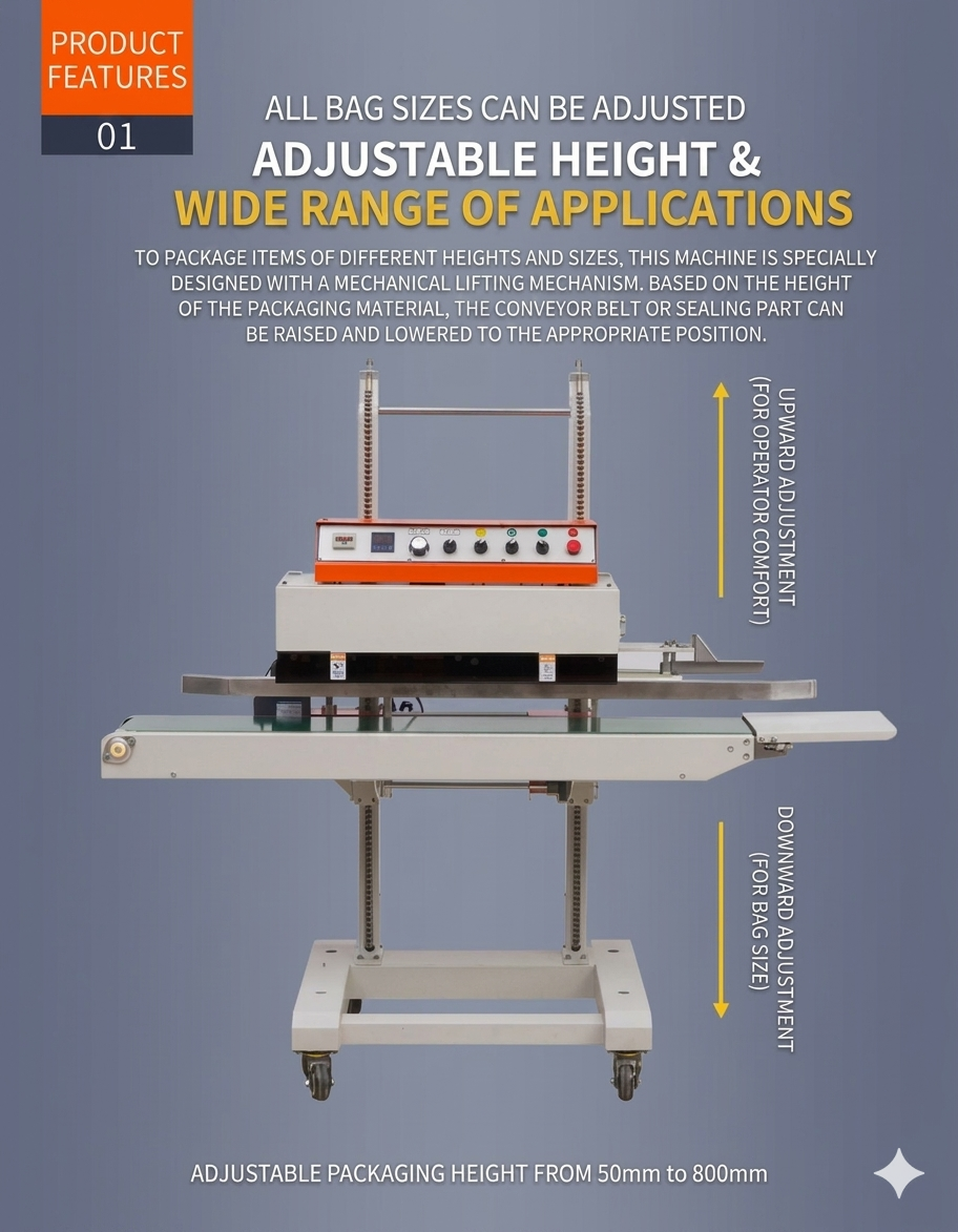 QLF1680 Large Bag Continuous Band Sealer – Height Adjustable, 15kg, for Grain, Fruit & Chemical Packaging