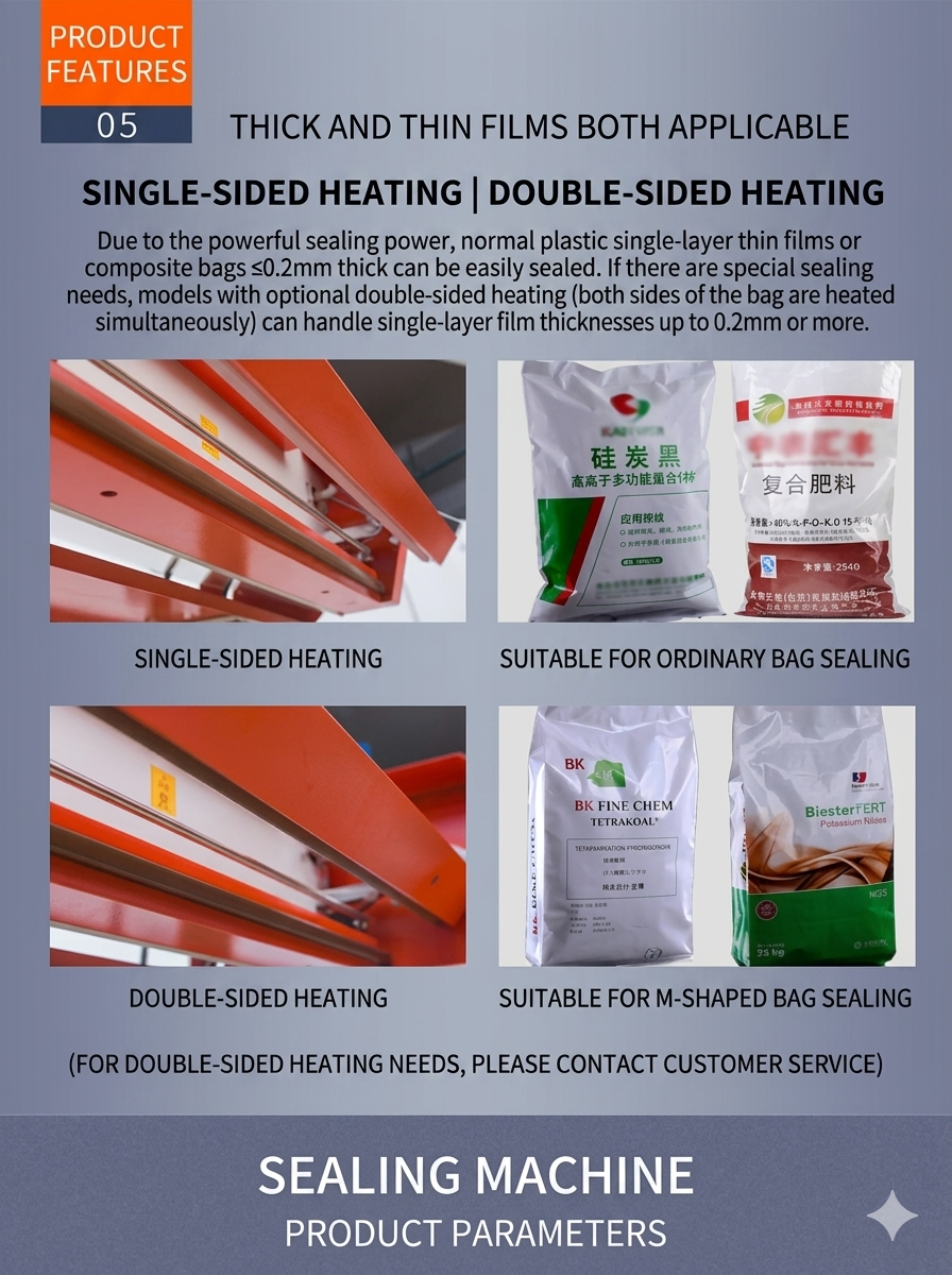 QLF-700A Feature 05 - Single-sided and double-sided heating options for thin films and thick multi-layer composite bags up to 50kg
