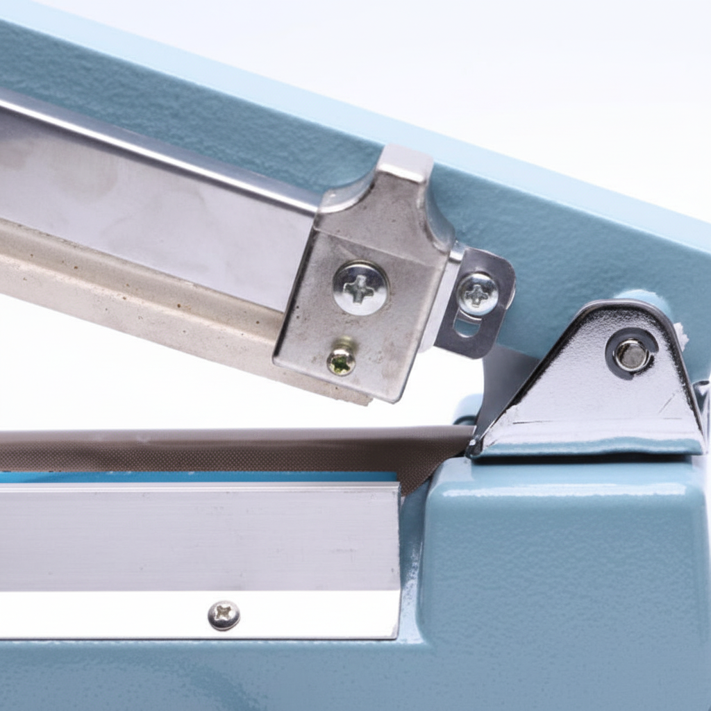 Impulse bag sealer hinge and arm detail - metal body chrome hardware white background