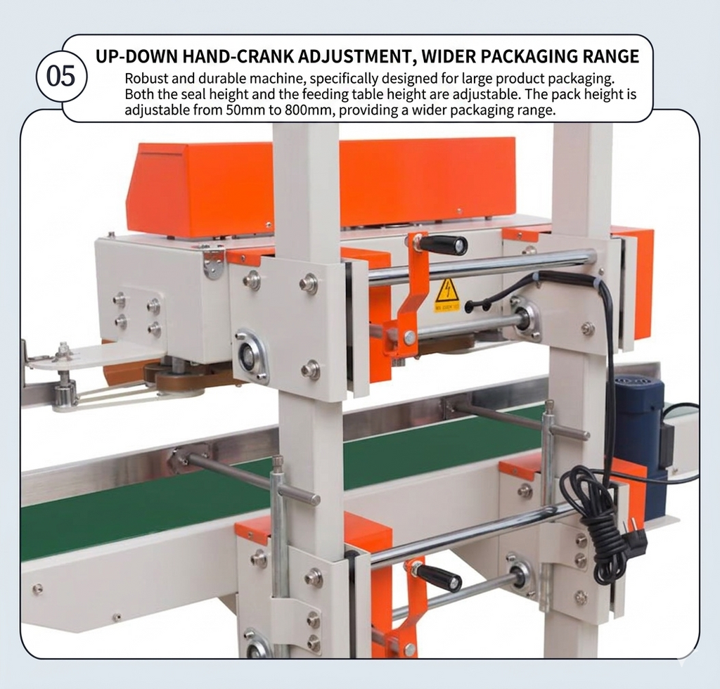 QLF1680 Large Bag Continuous Band Sealer – Height Adjustable, 15kg, for Grain, Fruit & Chemical Packaging